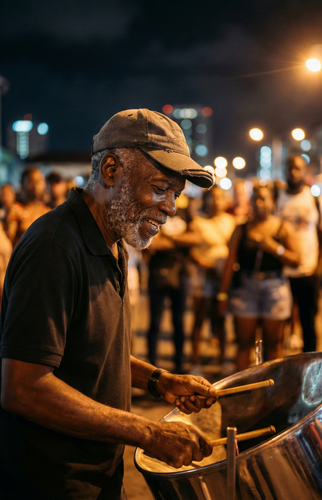 Senior man enjoying an evening playing steel pan