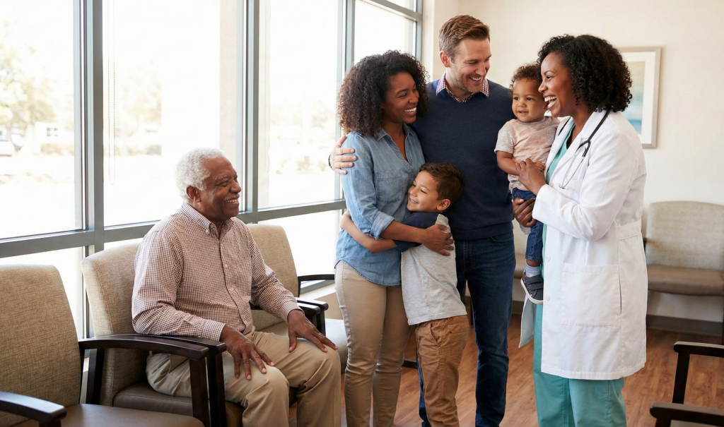 A family consulting with a doctor at Alera Care Collective