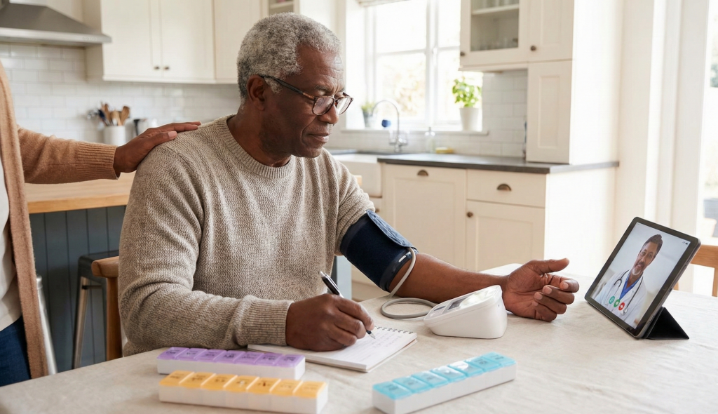 Senior patient checking blood pressure during a telehealth consult